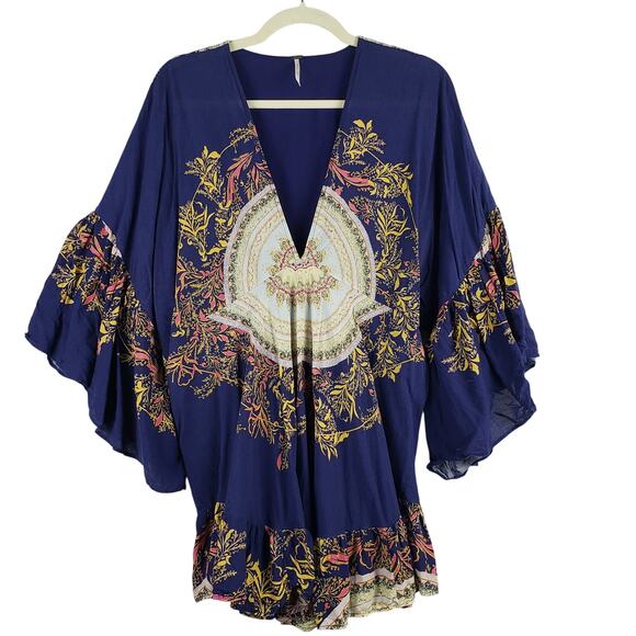 Free People Tops - Free People Womens L Bell Sleeve Ruffled Tunic Top Blue Boho Medallion Loose Fit